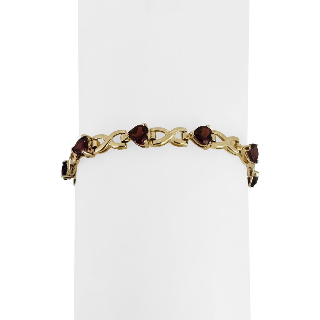 14k Yellow Gold 10.7g Heart Cut Garnet Ladies Link Bracelet 7.25"