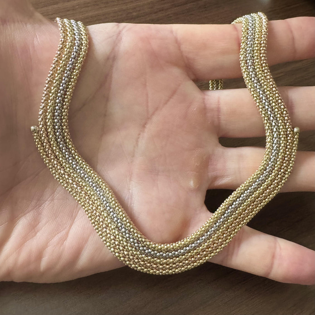 18k Yellow White and Rose Gold 49.5g Multi Strand Popcorn Necklace Italy 18"