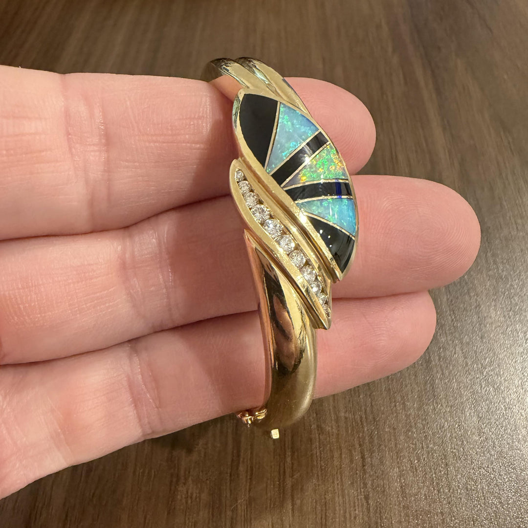14k Yellow Gold 33g Solid Opal Onyx and Diamond Solid Bangle Bracelet 6.25"