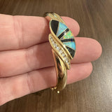 14k Yellow Gold 33g Solid Opal Onyx and Diamond Solid Bangle Bracelet 6.25"