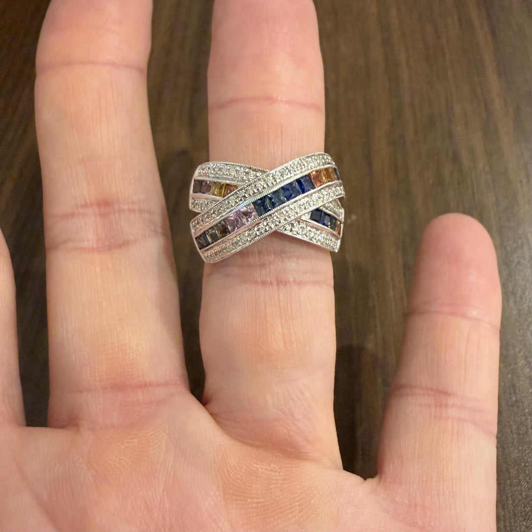 14k White Gold Rainbow Sapphire and Diamond Crossover Band Ring Size 8