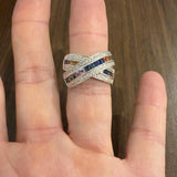 14k White Gold Rainbow Sapphire and Diamond Crossover Band Ring Size 8