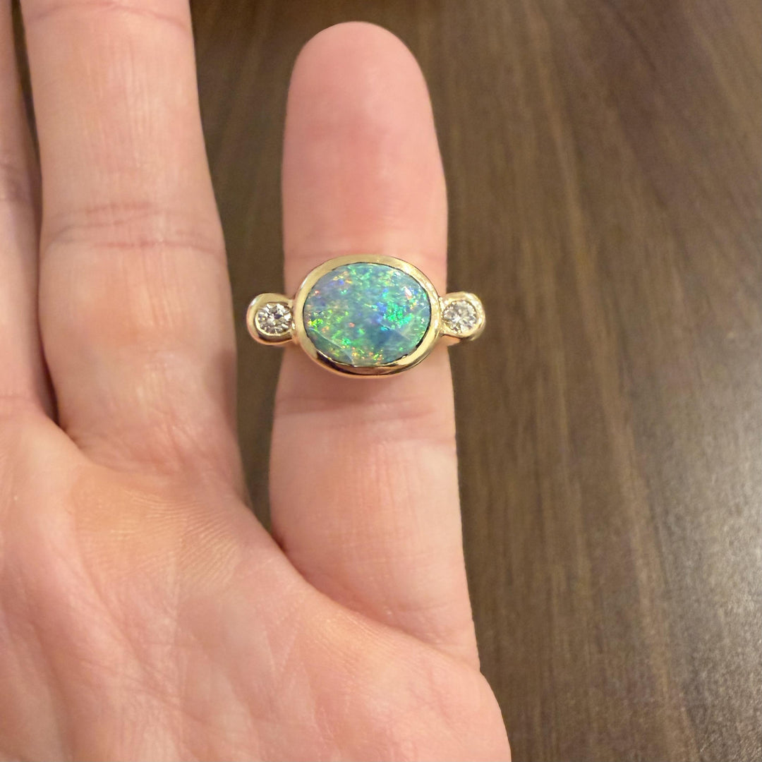 14k Yellow Gold Bezel Set Opal and Diamond Solid Heavy Ring Size 5.25