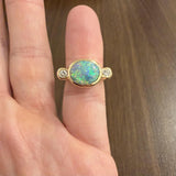 14k Yellow Gold Bezel Set Opal and Diamond Solid Heavy Ring Size 5.25