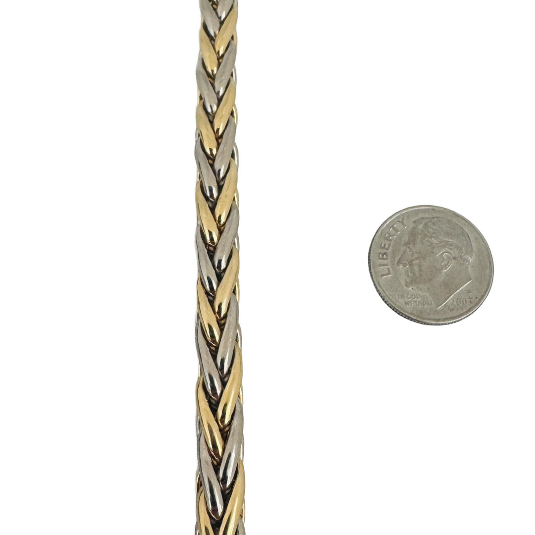 18k Yellow and White Gold 17.6g Ladies Thick 7mm Wheat Link Bracelet 7"