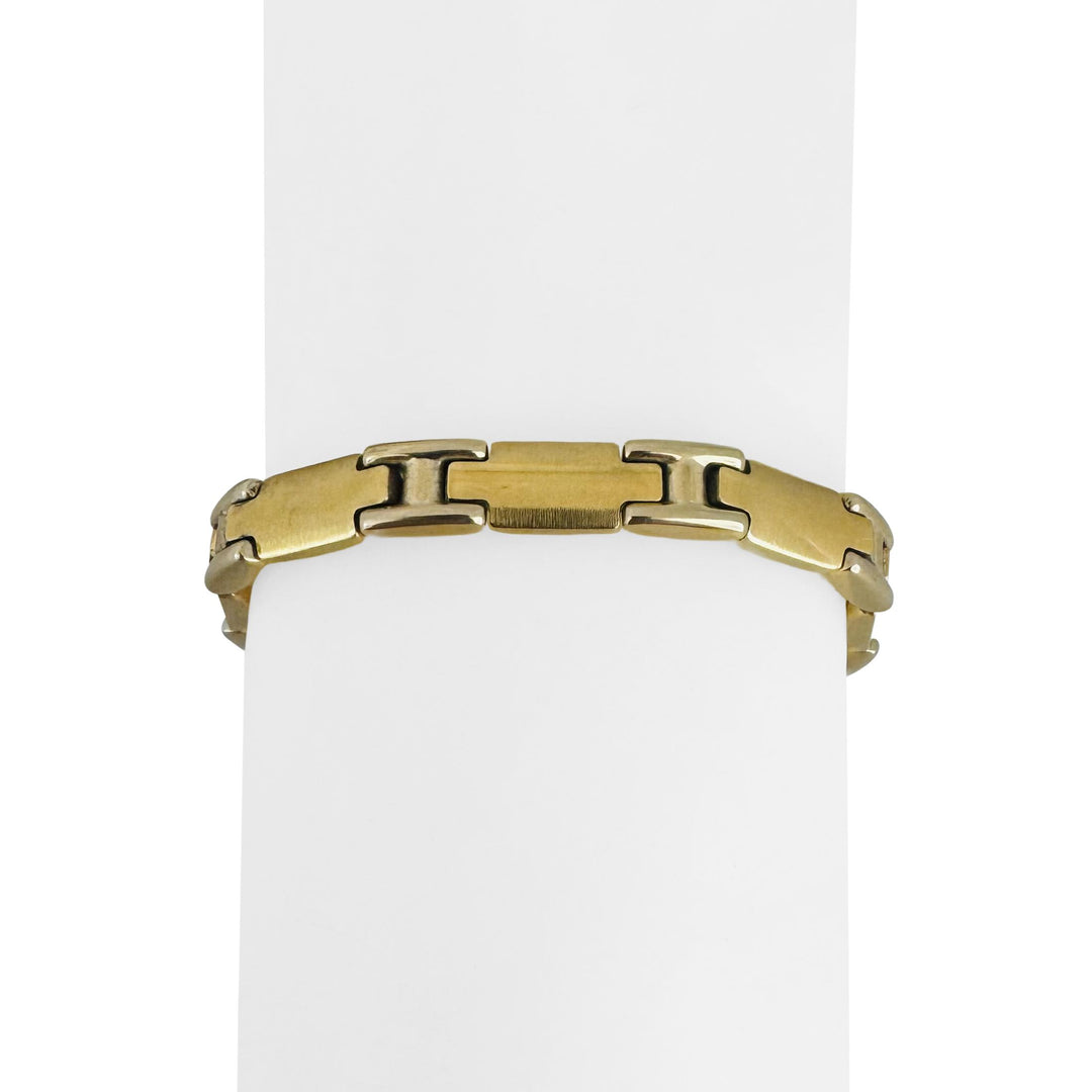 18k Two Tone Gold 17.6g Vintage 7mm Fancy Panel Link Bracelet Italy 7.25"
