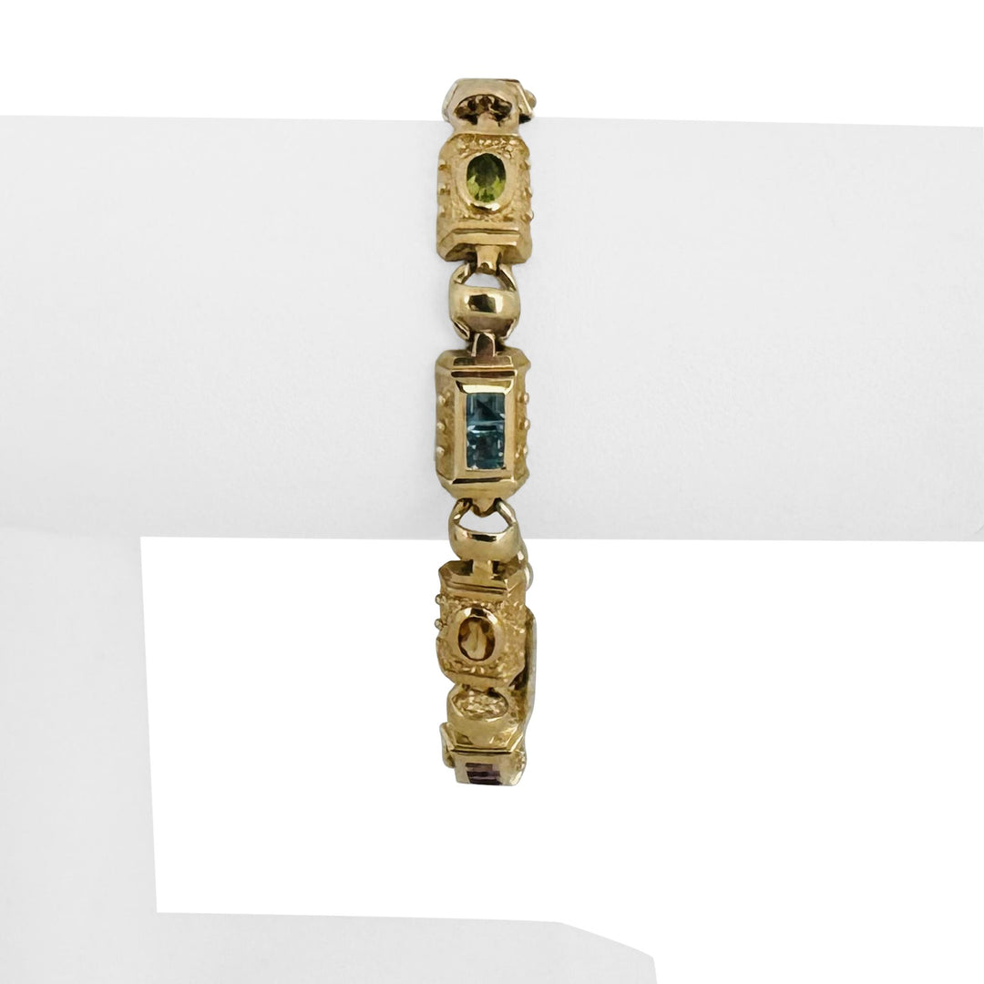 14k Yellow Gold 15.2g Vintage Solid Multi Gemstone Fancy Link Bracelet 7"
