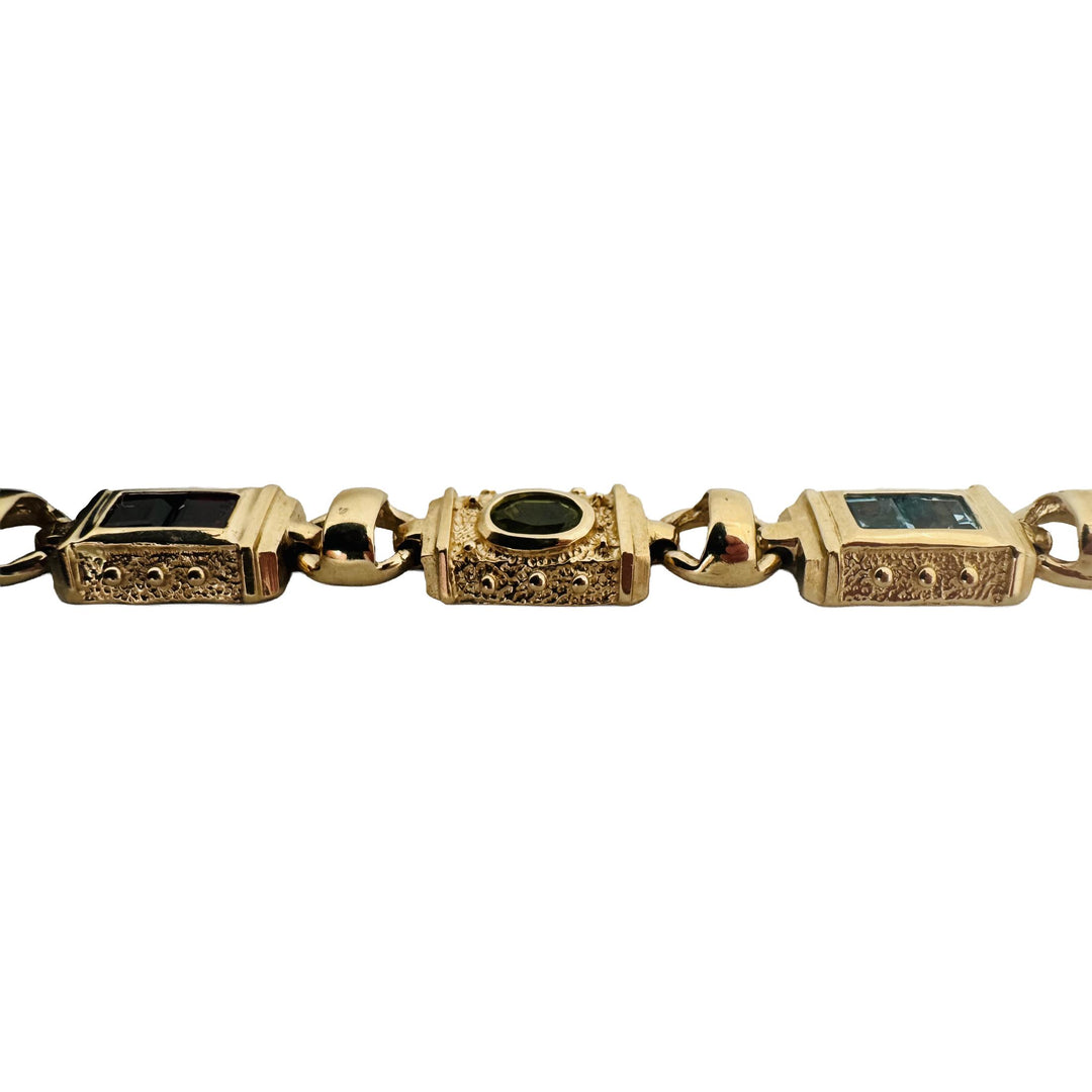 14k Yellow Gold 15.2g Vintage Solid Multi Gemstone Fancy Link Bracelet 7"