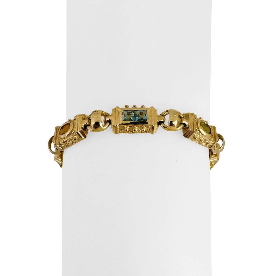 14k Yellow Gold 15.2g Vintage Solid Multi Gemstone Fancy Link Bracelet 7"