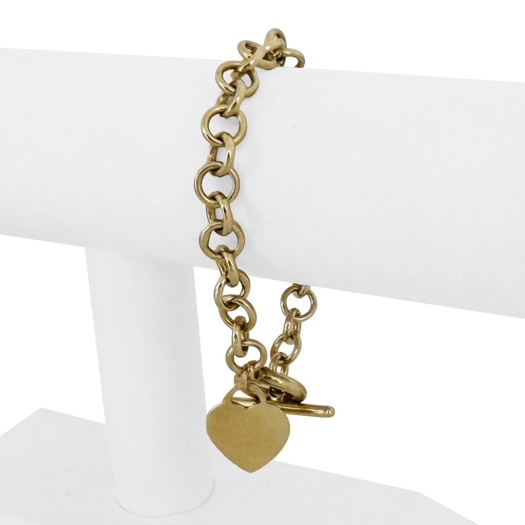 14k Yellow Gold 11.9g Hollow Cable Link Bracelet with Heart Charm Toggle 7"