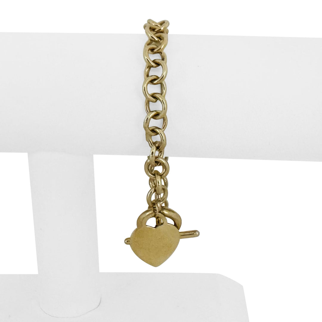 14k Yellow Gold 11.9g Hollow Cable Link Bracelet with Heart Charm Toggle 7"