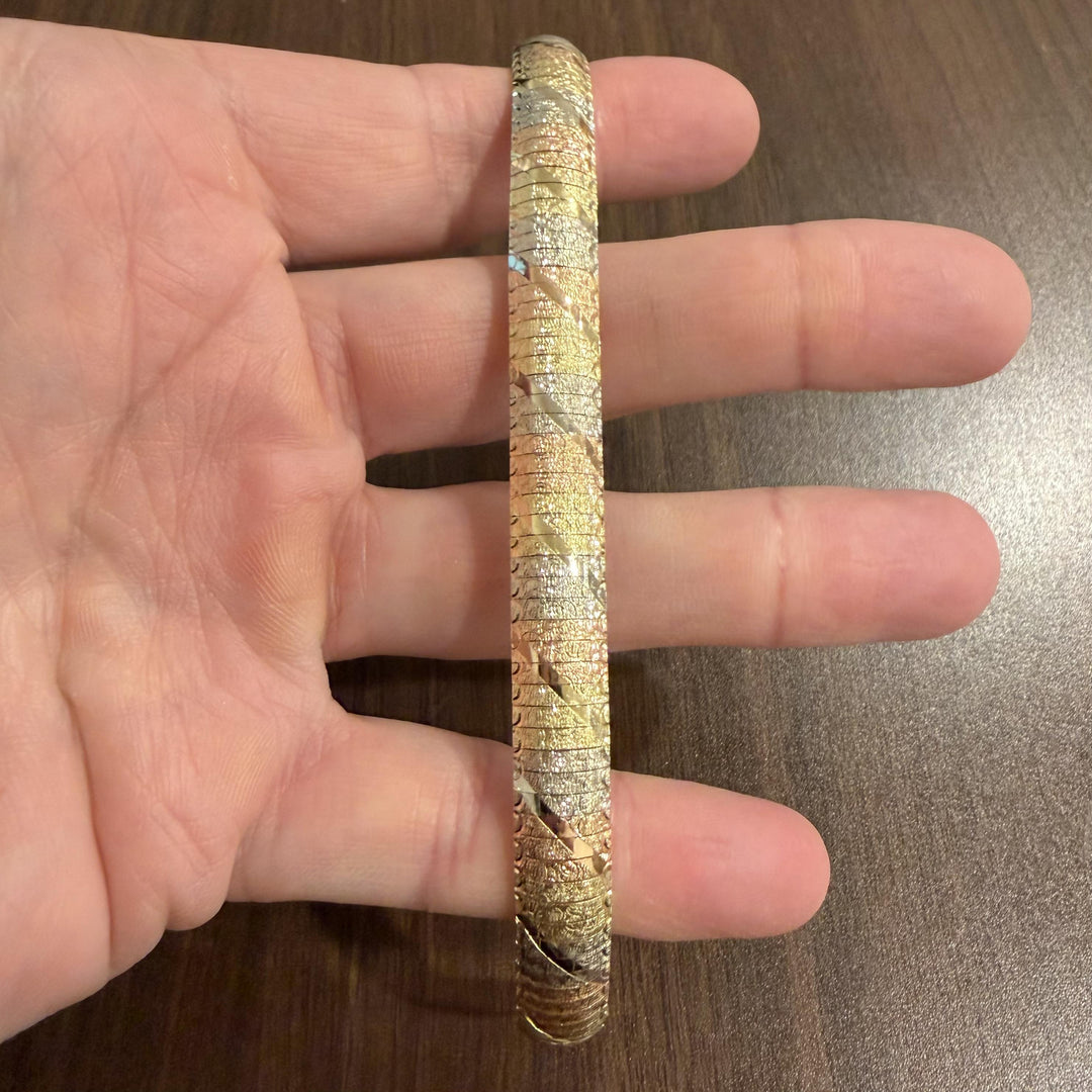 14k Yellow White and Rose Gold 23.4g Textured Omega Link Bracelet Italy 8"