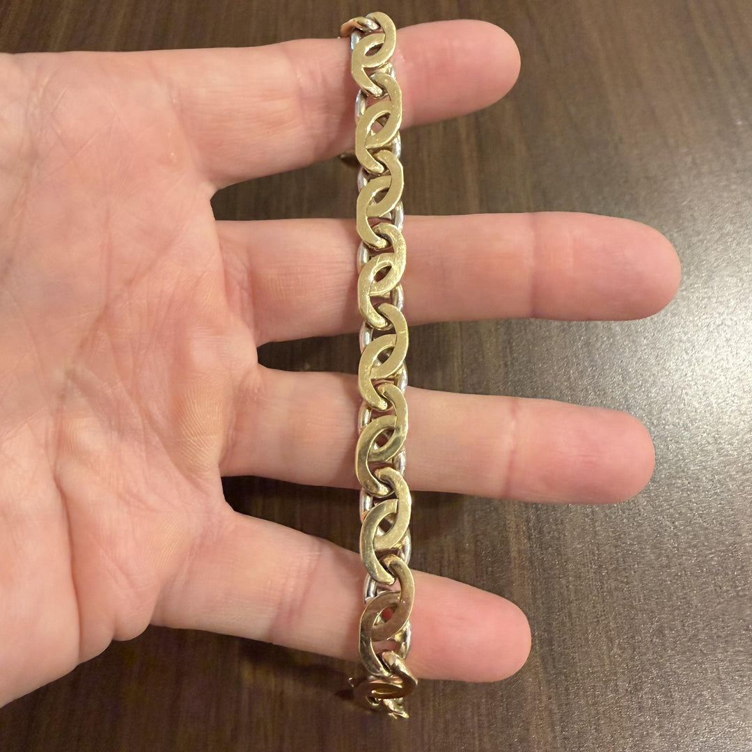 14k Yellow and White Gold 44g Reversible Heavy Fancy Curb Link Bracelet Italy 8"