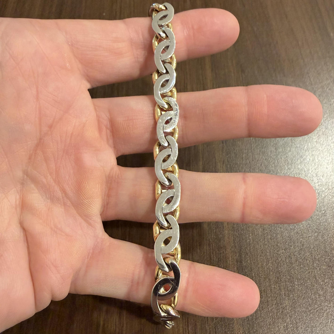 14k Yellow and White Gold 44g Reversible Heavy Fancy Curb Link Bracelet Italy 8"