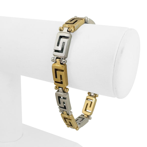 18k Yellow and White Gold 29g Heavy Brushed Finish Greek Key Link Bracelet 7.5