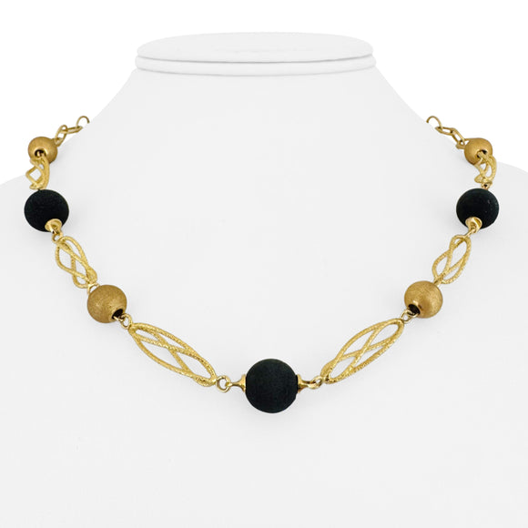 18k Yellow Gold and Black Matte Resin Ball Ladies Necklace Italy 18