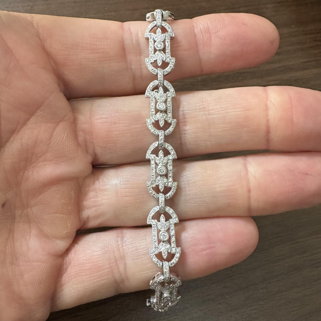 18k White Gold and 2cttw Diamond Vintage Filigree Ladies Bracelet 7.25"