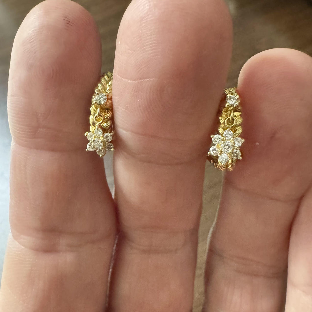 18k Yellow Gold and 0.30cttw Diamond Dangle Floral Huggie Earrings