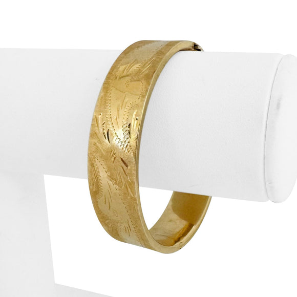 14k Yellow Gold 22.3g Vintage Ladies 14.5mm Floral Bangle Bracelet 6.75