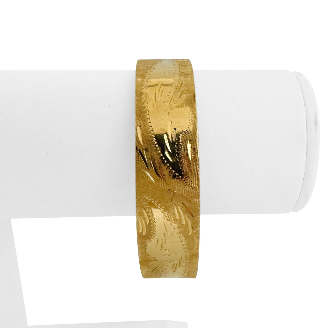 14k Yellow Gold 22.3g Vintage Ladies 14.5mm Floral Bangle Bracelet 6.75"