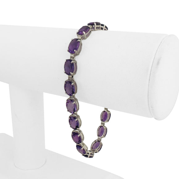 14k White Gold and Amethyst 9.8g Ladies Link Bracelet 7.5