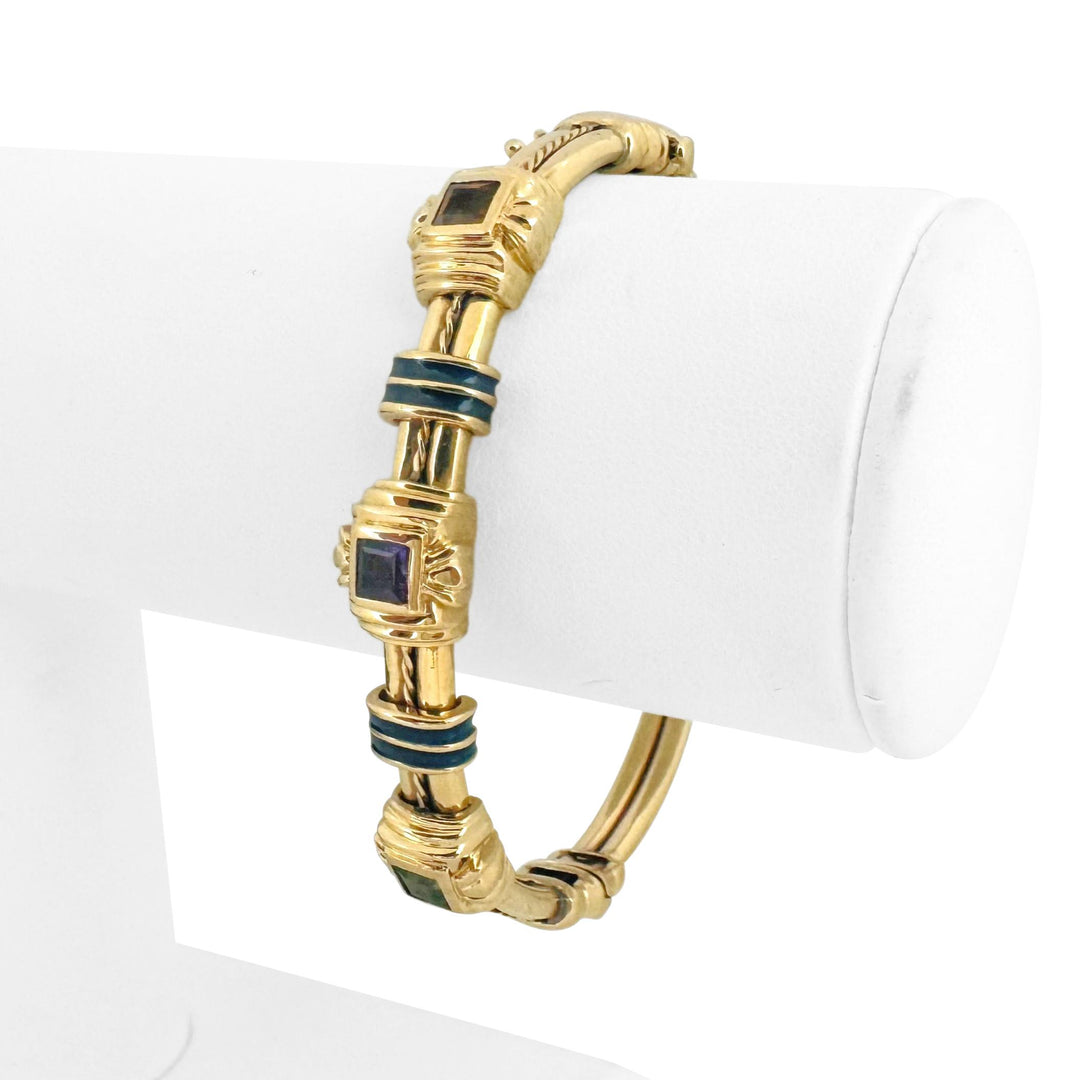 14k Yellow Gold and Multi Gemstone 23.8g Solid Heavy Bangle Bracelet 6.5"