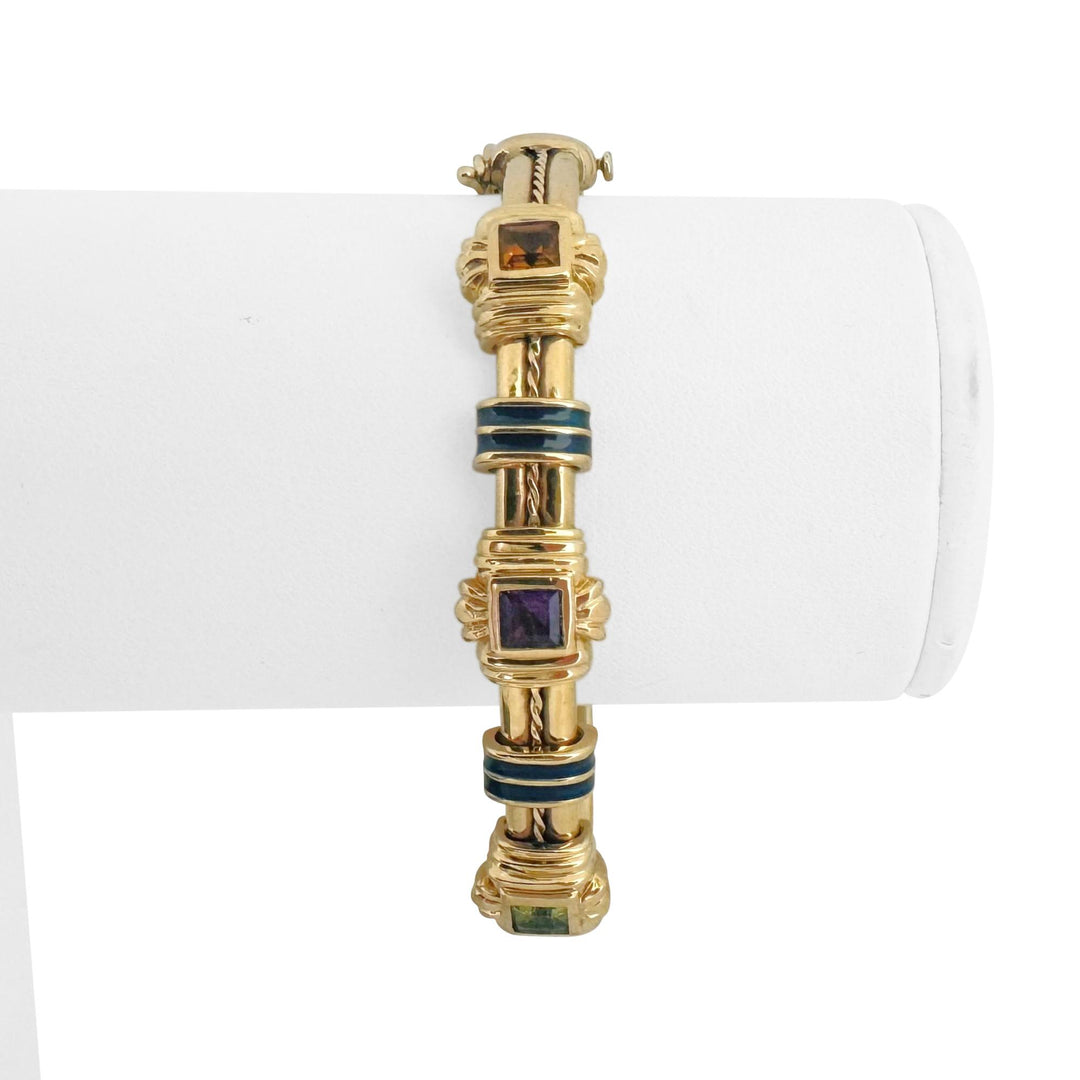 14k Yellow Gold and Multi Gemstone 23.8g Solid Heavy Bangle Bracelet 6.5"