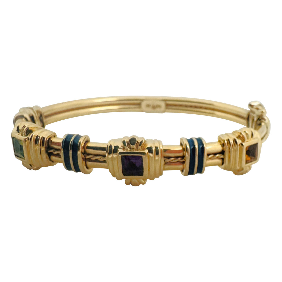 14k Yellow Gold and Multi Gemstone 23.8g Solid Heavy Bangle Bracelet 6.5"