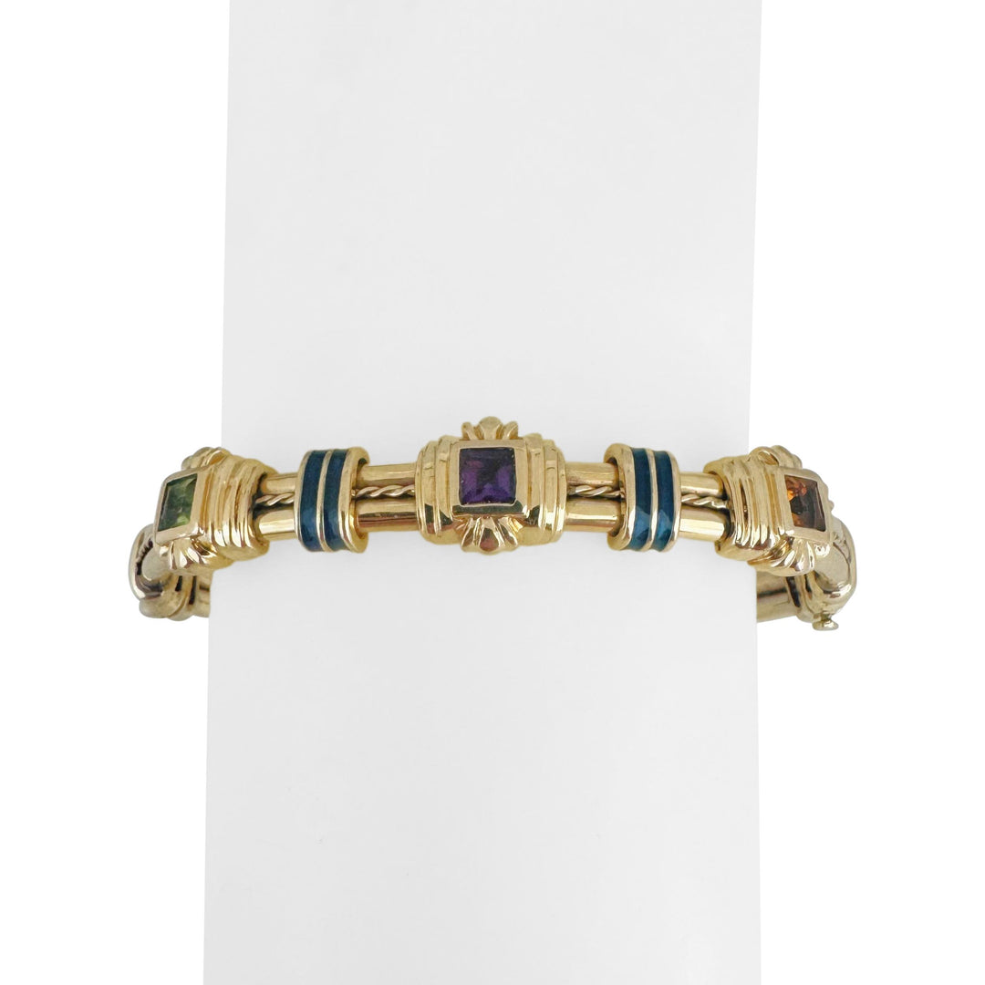 14k Yellow Gold and Multi Gemstone 23.8g Solid Heavy Bangle Bracelet 6.5"
