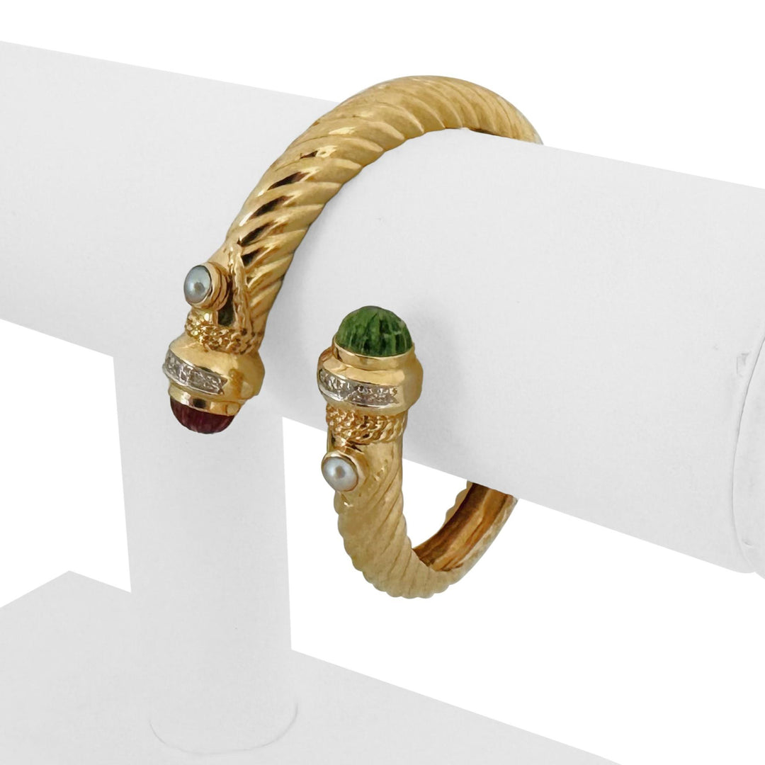 14k Yellow Gold 33.8g Pink and Green Tourmaline Diamond Bypass Bangle 6.5"