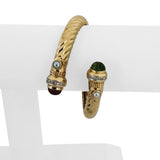 14k Yellow Gold 33.8g Pink and Green Tourmaline Diamond Bypass Bangle 6.5"