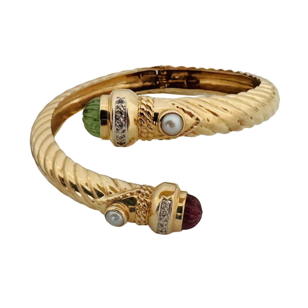 14k Yellow Gold 33.8g Pink and Green Tourmaline Diamond Bypass Bangle 6.5"