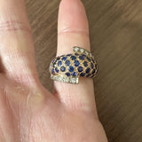 18k Yellow Gold Blue Sapphire and Diamond Bypass Bombe Ring Size 9