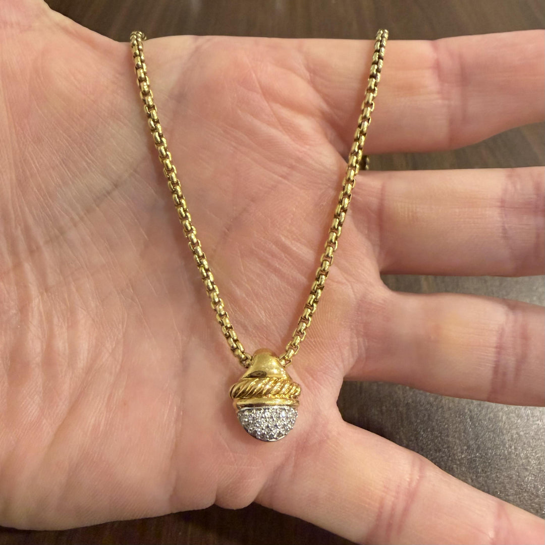 David Yurman 18k Yellow Gold Box Chain Necklace and 14k DY Diamond Pendant 16"