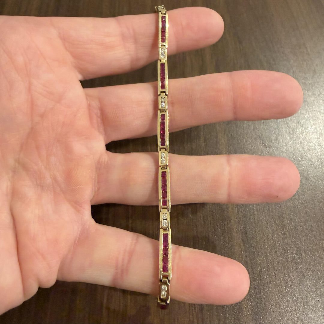 14k Yellow Gold Ruby and 0.50cttw Diamond Solid 12g Bar Link Bracelet 7"
