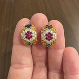14k Yellow Gold Sapphire Ruby Emerald and Diamond Huggie Earrings