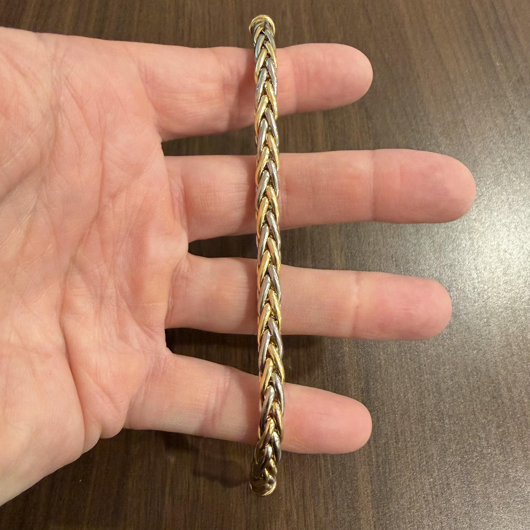 18k Yellow and White Gold 17.6g Ladies Thick 7mm Wheat Link Bracelet 7"