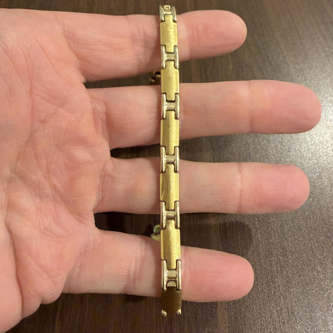 18k Two Tone Gold 17.6g Vintage 7mm Fancy Panel Link Bracelet Italy 7.25"