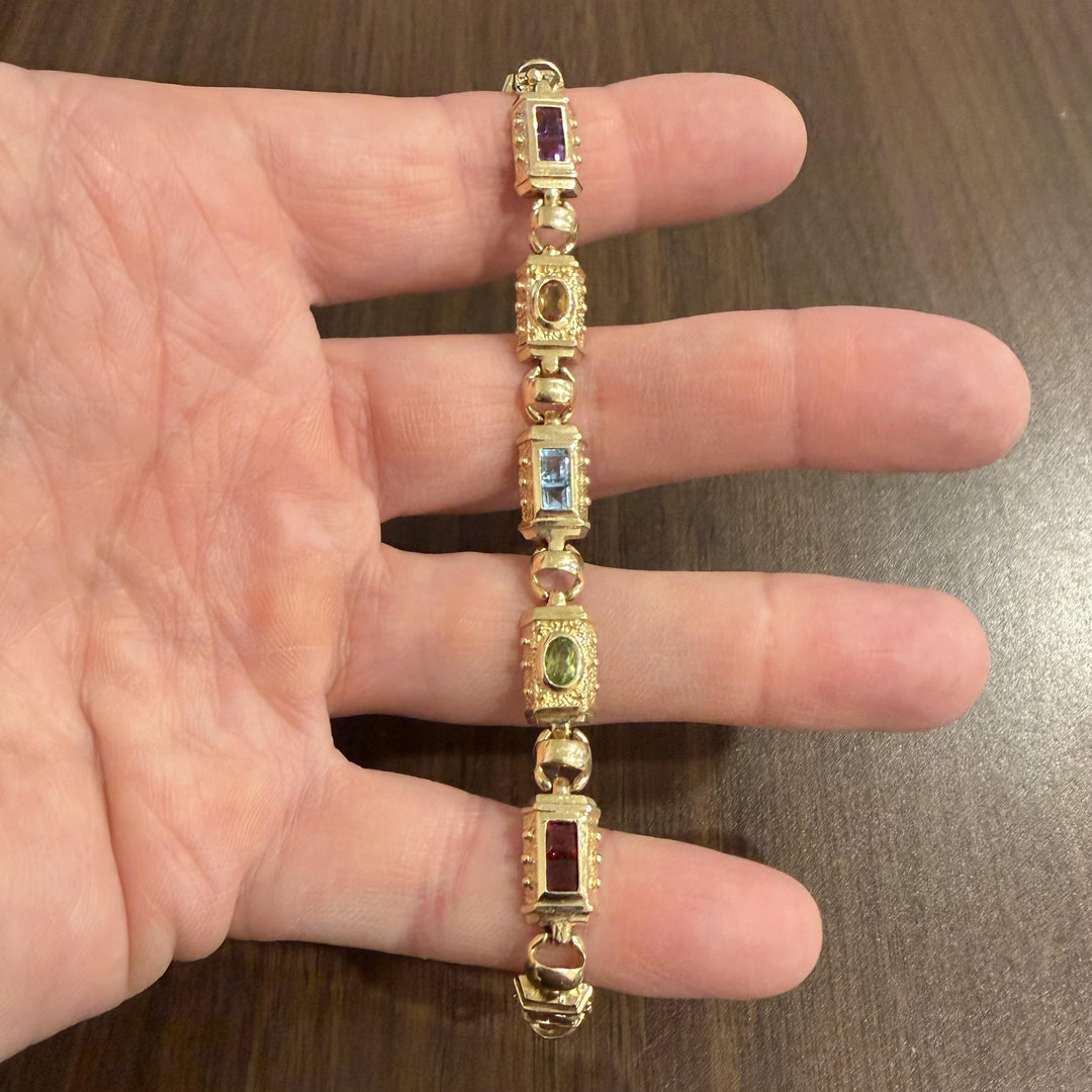 14k Yellow Gold 15.2g Vintage Solid Multi Gemstone Fancy Link Bracelet 7"