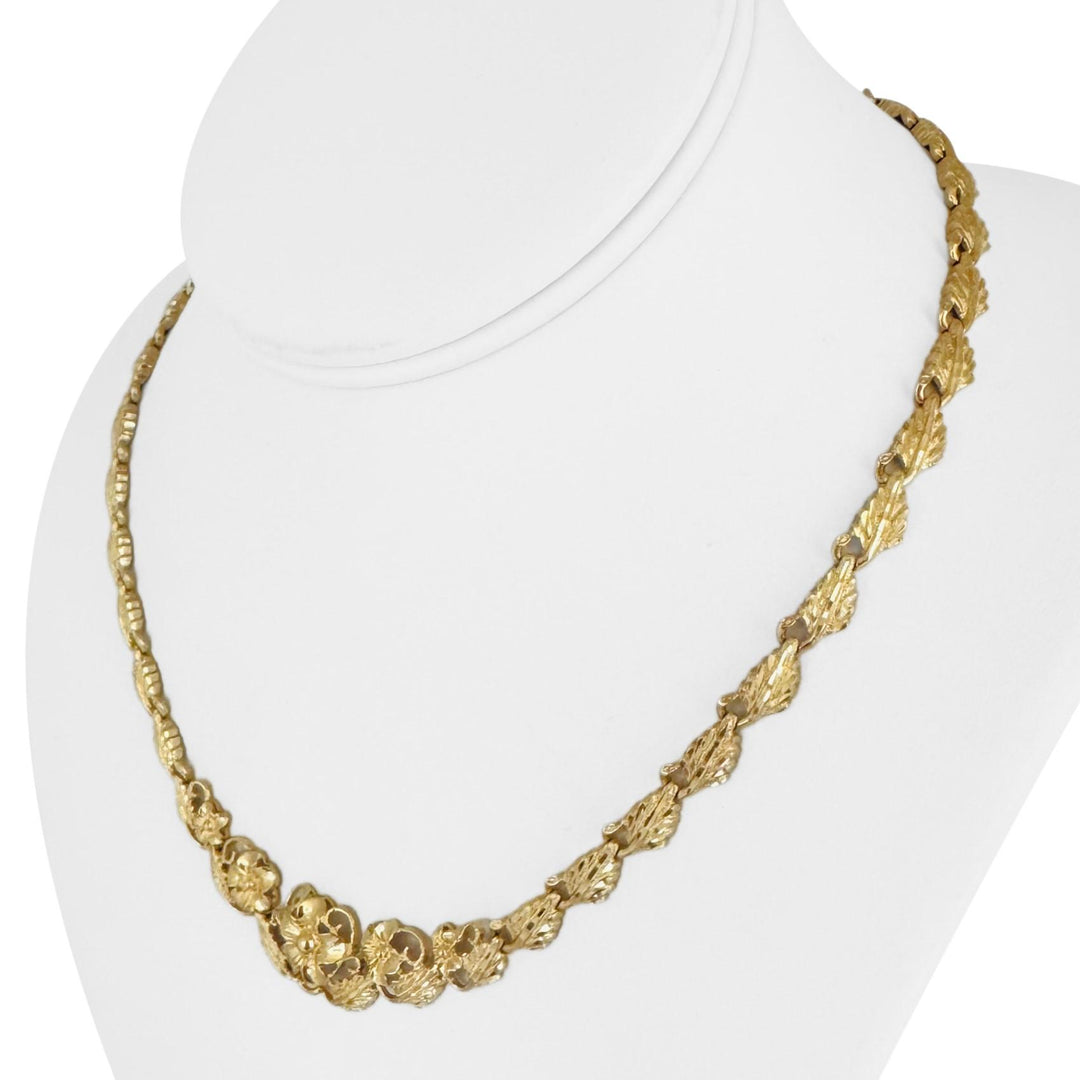 14k Yellow Gold 26.3g Solid Ladies Graduated Floral Fancy Link Necklace 17.5"