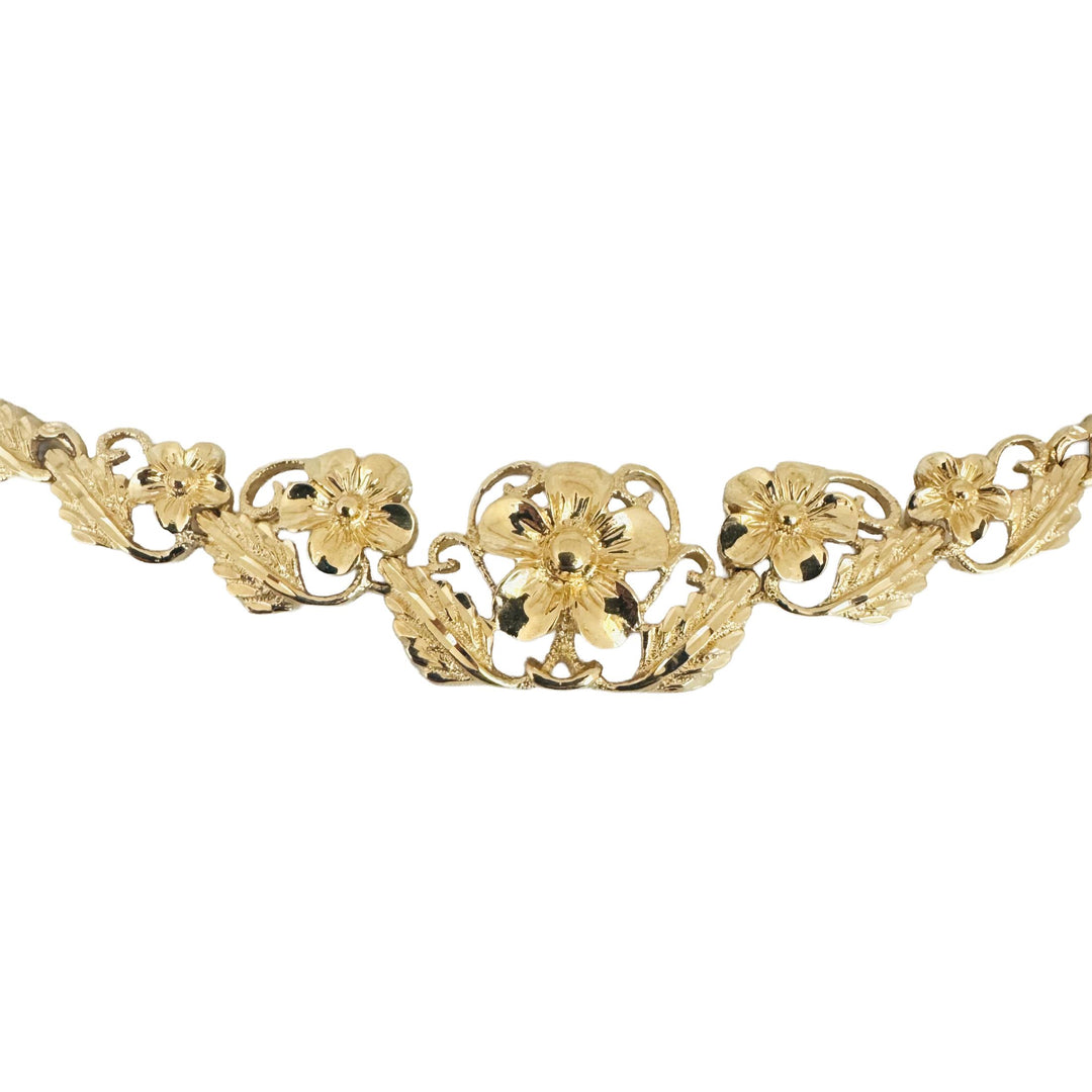 14k Yellow Gold 26.3g Solid Ladies Graduated Floral Fancy Link Necklace 17.5"