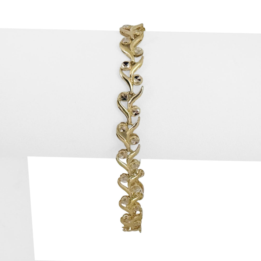 14k Yellow and White Gold 5.5g Ladies 7.5mm Floral Link Bracelet 7"