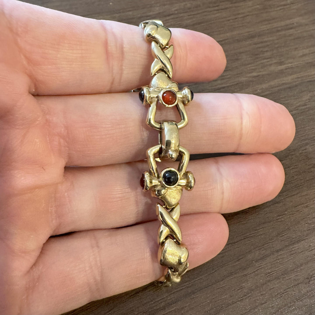 14k Yellow Gold 18.7g Ladies Vintage Cabochon Gemstone X Link Bracelet Italy 7"