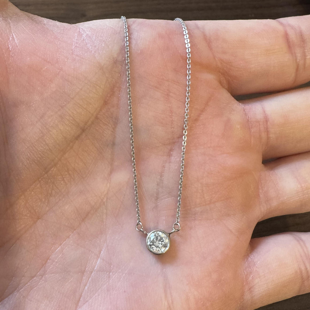 14k White Gold and 0.85ct Bezel Set Solitaire Diamond Pendant Necklace 16"