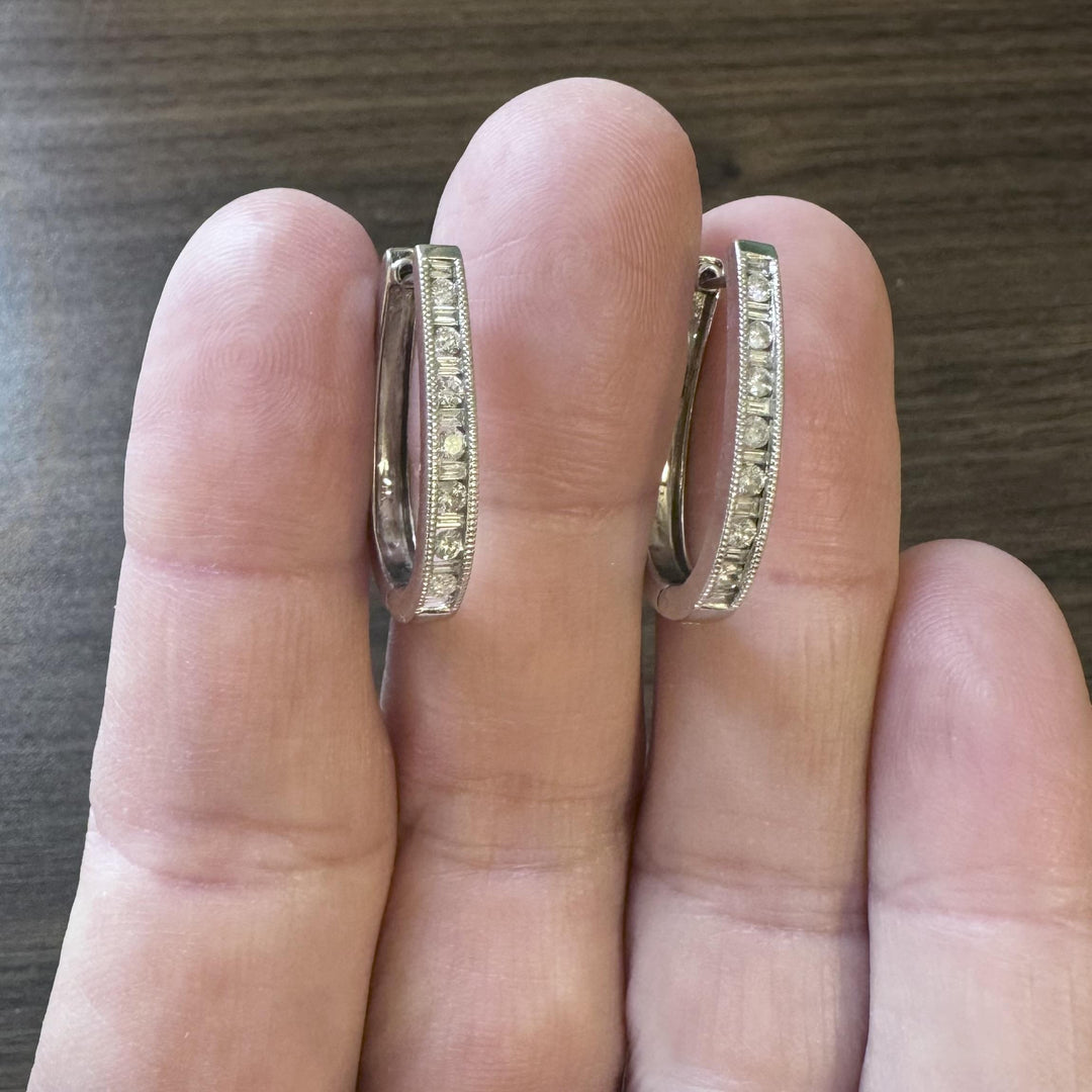 14k White Gold and 0.50cttw Diamond Vintage Milgrain Hoop Earrings 1"