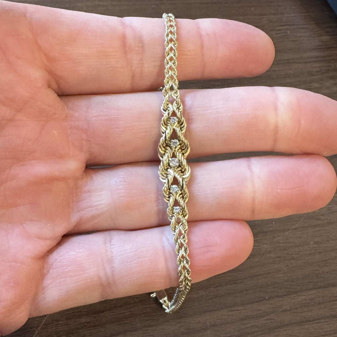 14k Yellow Gold and Diamond 7g Two Strand Graduated Rope Bracelet 7"