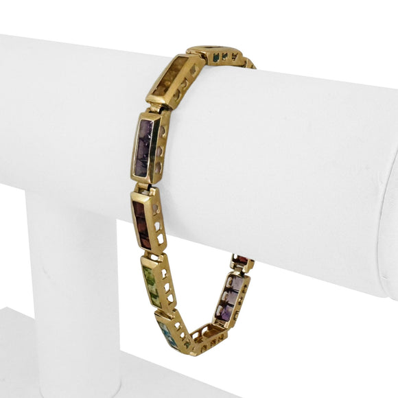 14k Yellow Gold 13.2g Princess Cut Multi Gemstone Bar Link Bracelet 7