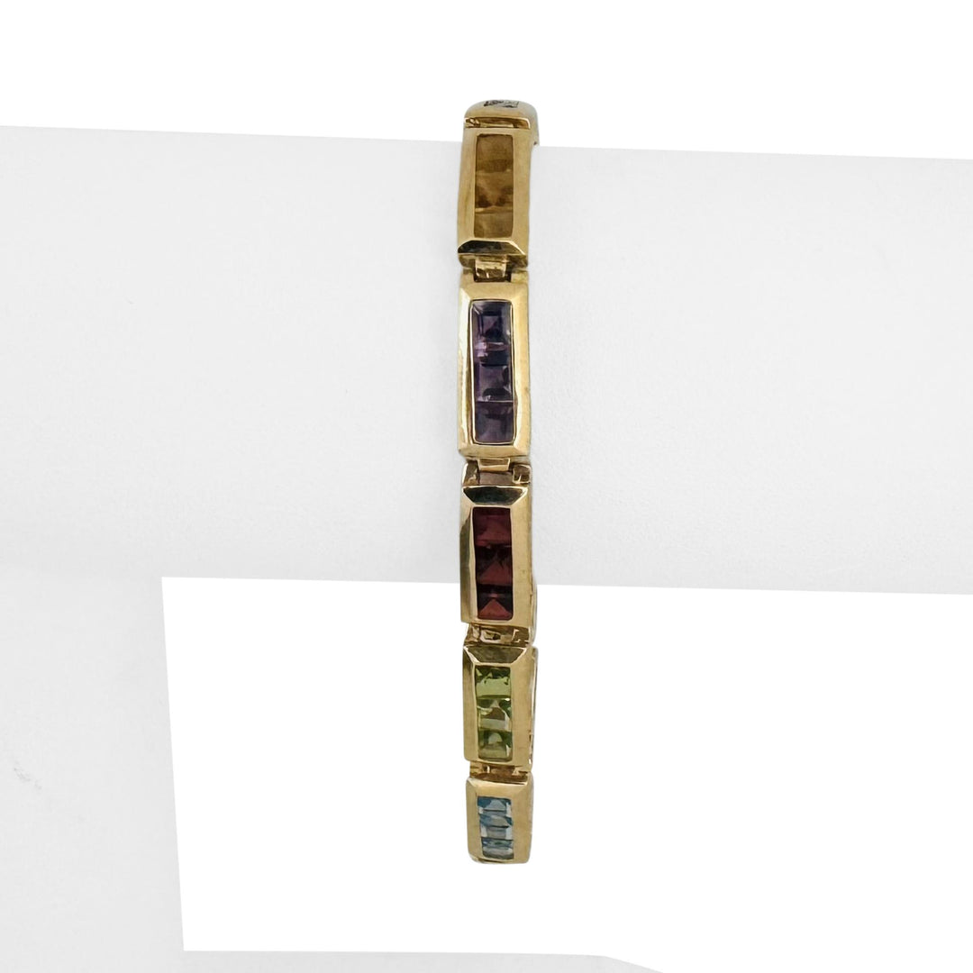 14k Yellow Gold 13.2g Princess Cut Multi Gemstone Bar Link Bracelet 7"