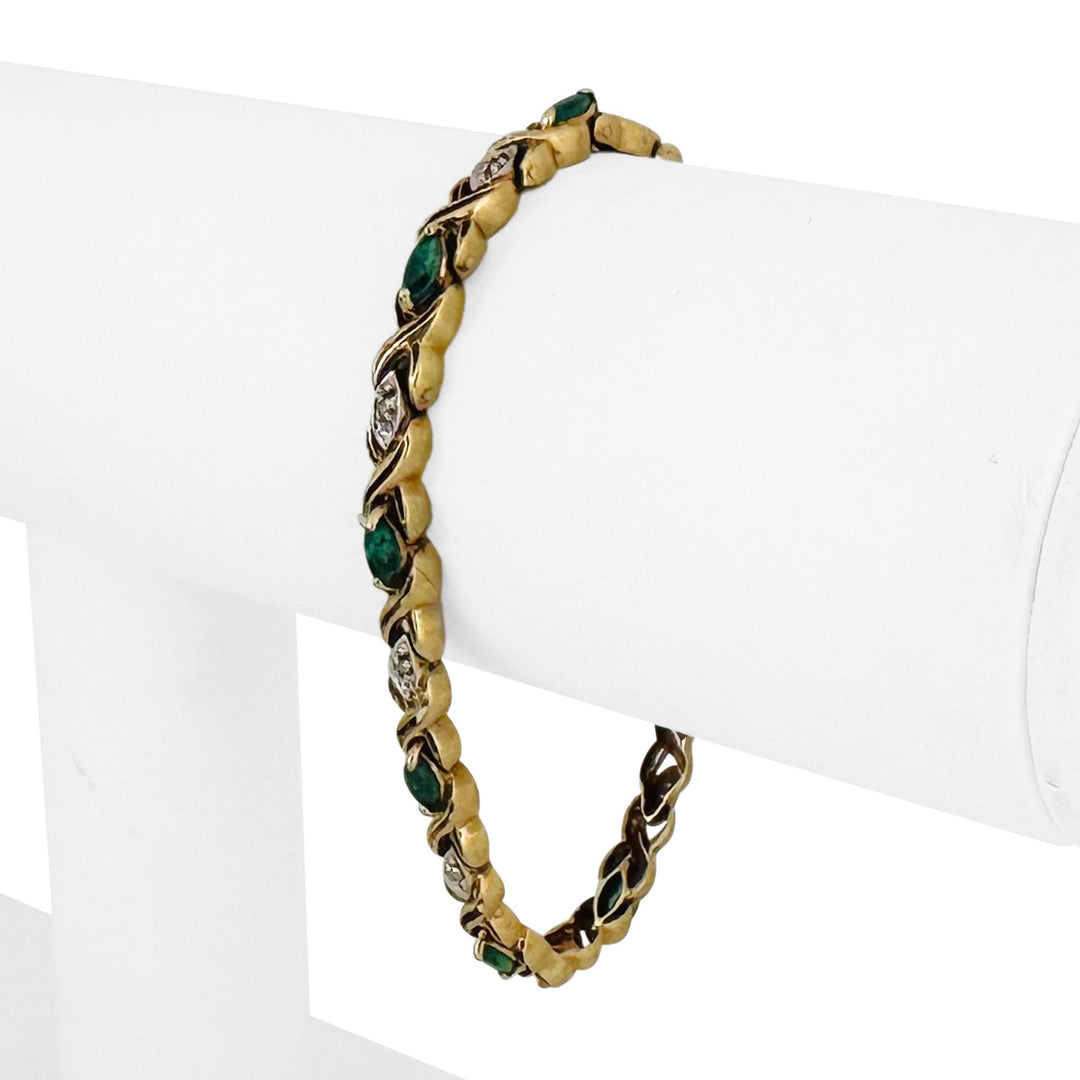 14k Yellow Gold Emerald and Diamond 10.5g Ladies X Link Bracelet 7"