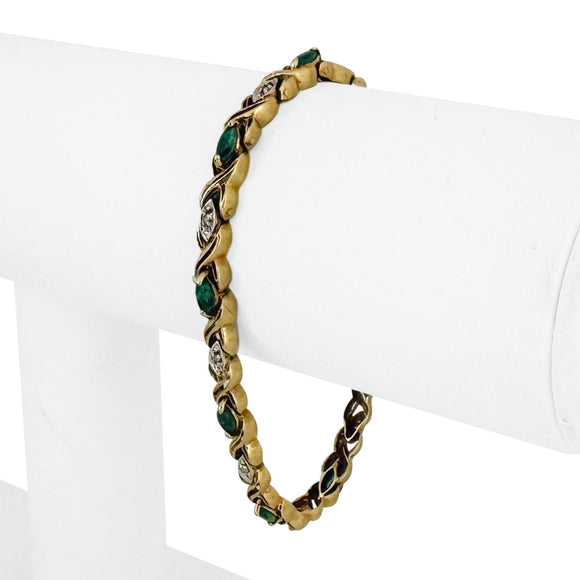 14k Yellow Gold Emerald and Diamond 10.5g Ladies X Link Bracelet 7